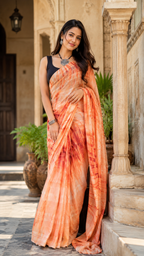 Georgette Sibori Print Saree With Unstitched Blouse(Orange)