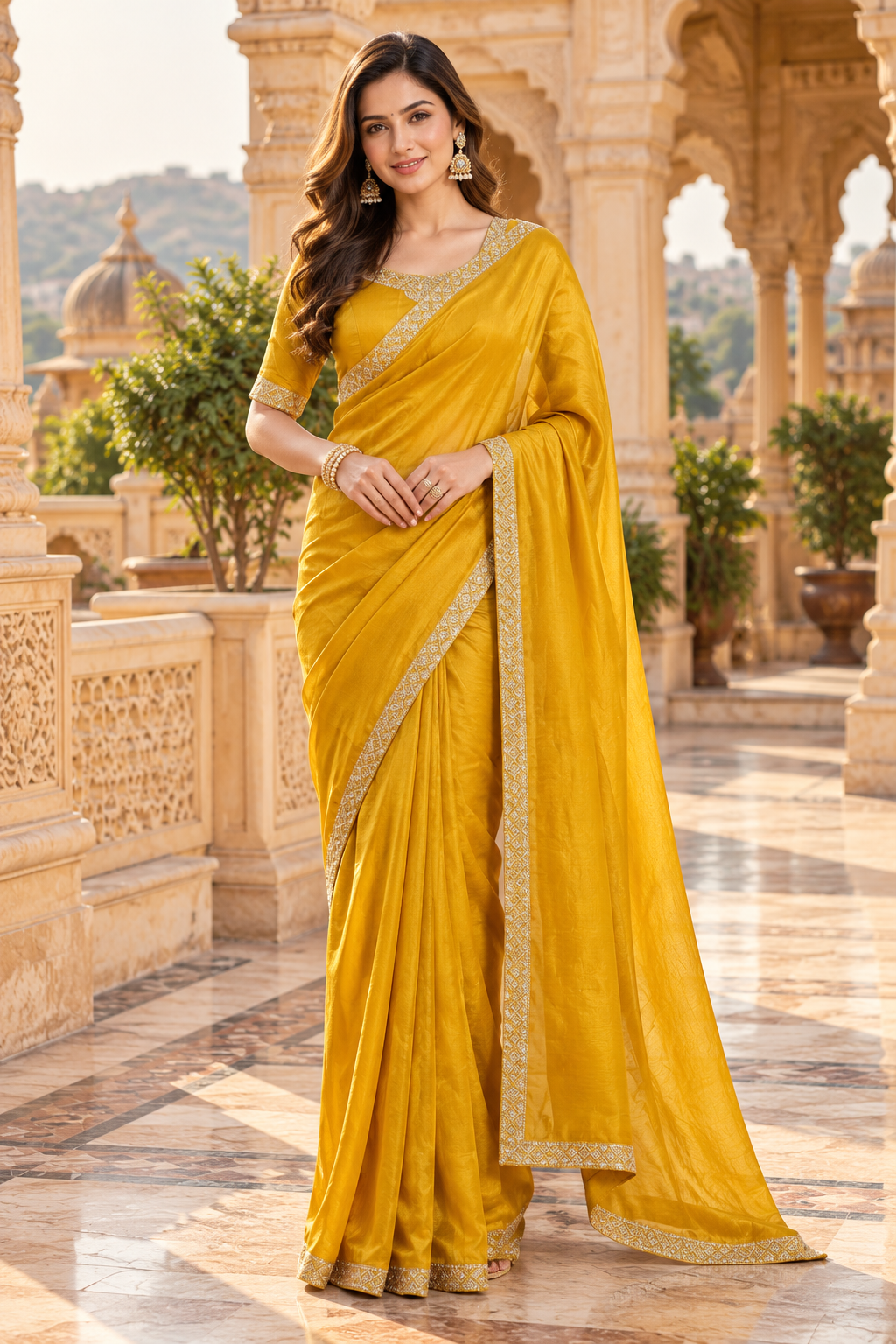 Pure Space Silk Diamond Zarkhan Work Saree With Unstitched Blouse(Yellow)