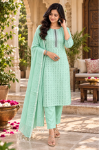 Cotton Kurti Pant Set With Dupatta(Teal)