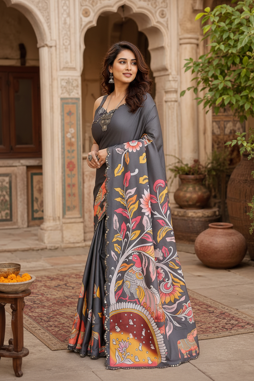 Manipuri Silk Kalamkari Print Saree With Unstitched Blouse(Grey)