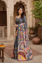 Manipuri Silk Kalamkari Print Saree With Unstitched Blouse(Grey)