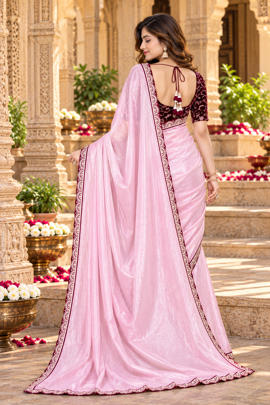 Silk Embroidery Work Saree With Unstitched Blouse(Pink)