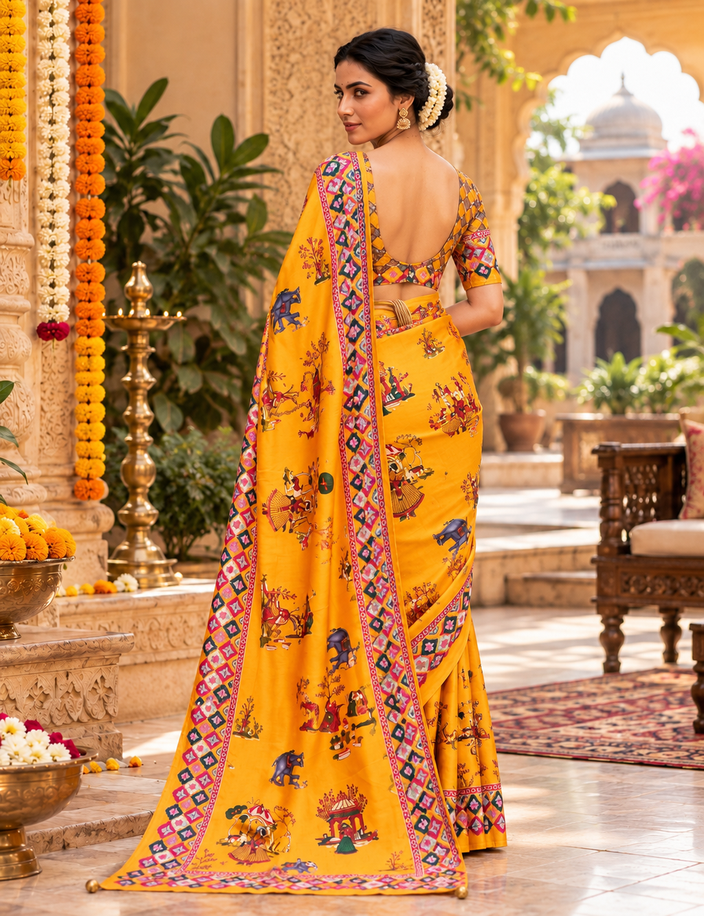 Satin Silk Pichwai Print Saree With Unstitched Blouse(Yellow)