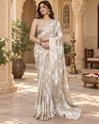 Satin Silk Printed Saree With Unstitched Blouse(White)