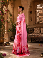 Georgette Satin Floral Printed Saree With Unstitched Blouse(Pink)
