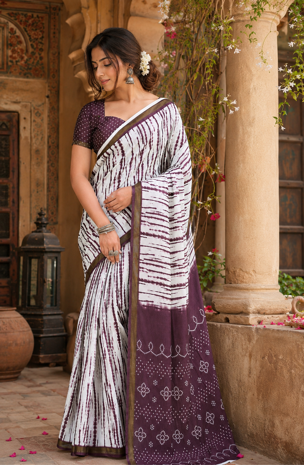 Linen Printed Saree With Unstitched Blouse(Brown)