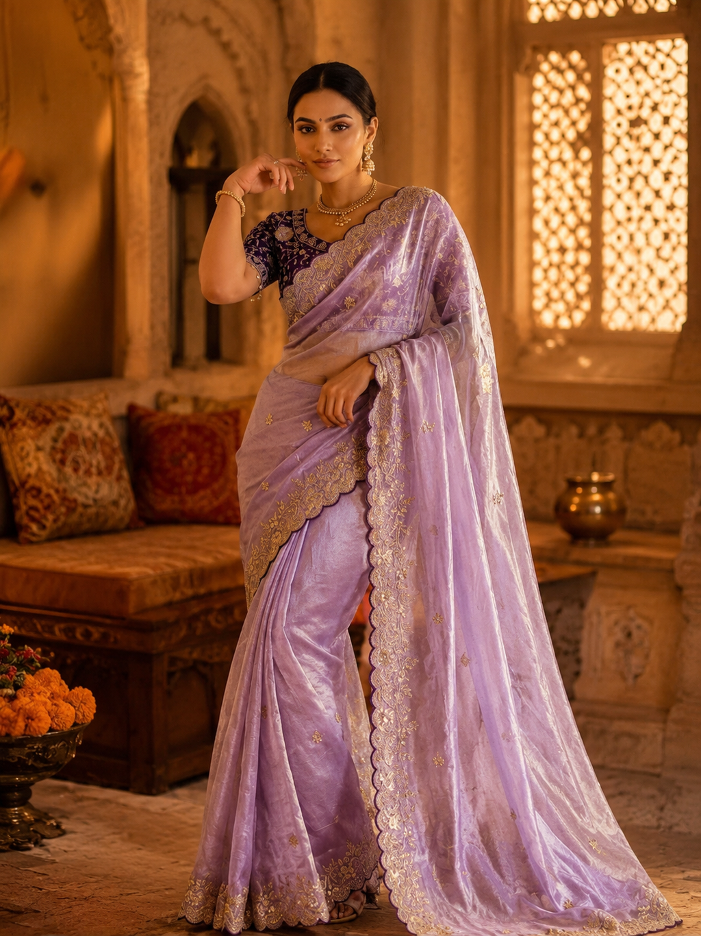 Satin Silk Embroidery Work Saree with Unstitched Blouse(Violet)