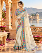 Pure Prada Silk Embroidery Sequin Work Saree with Unstitched Blouse(Silver)