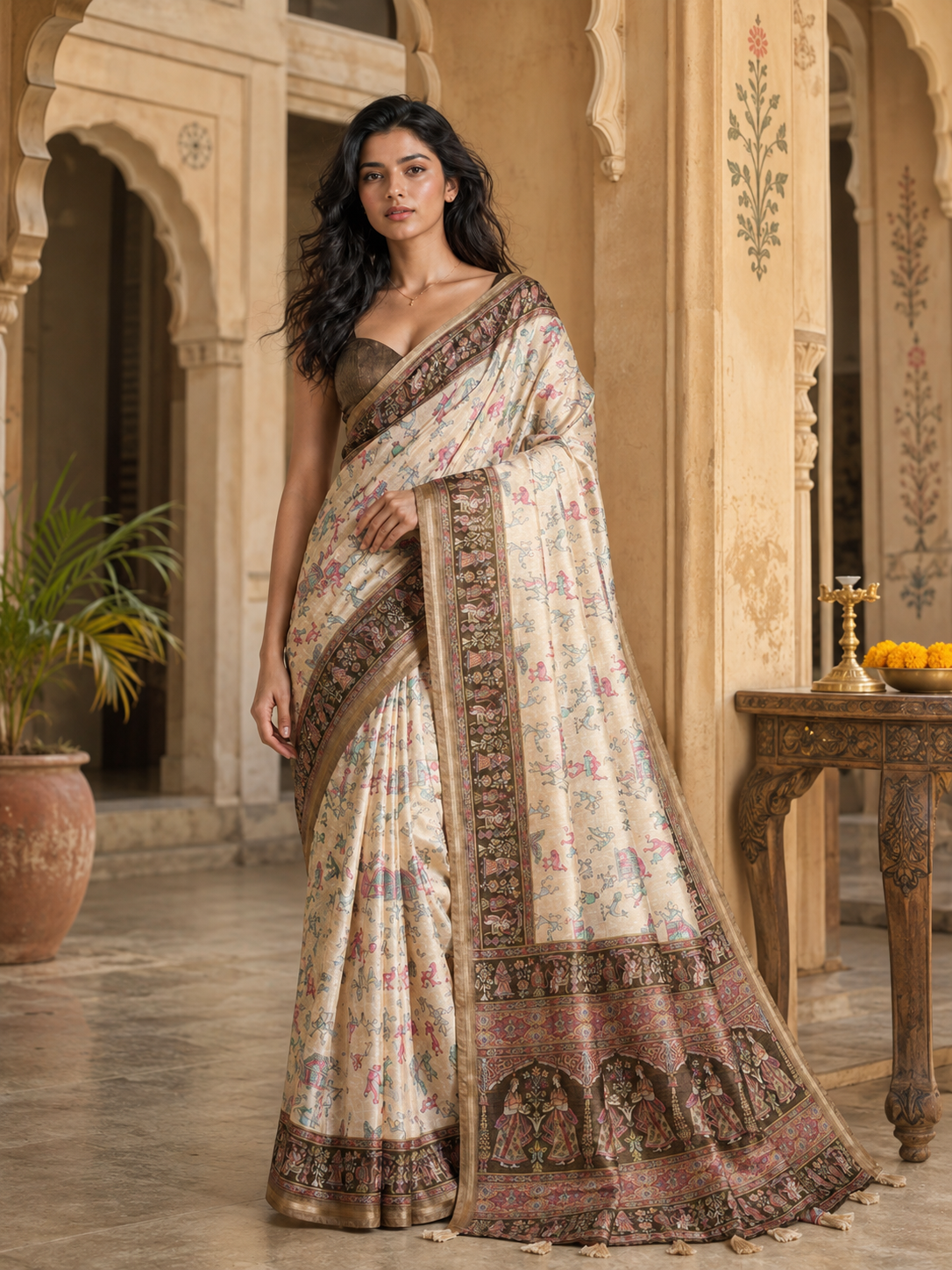 Silk Blend Jacquard Weaving Zari Border Saree With Unstitched Blouse(Brown)