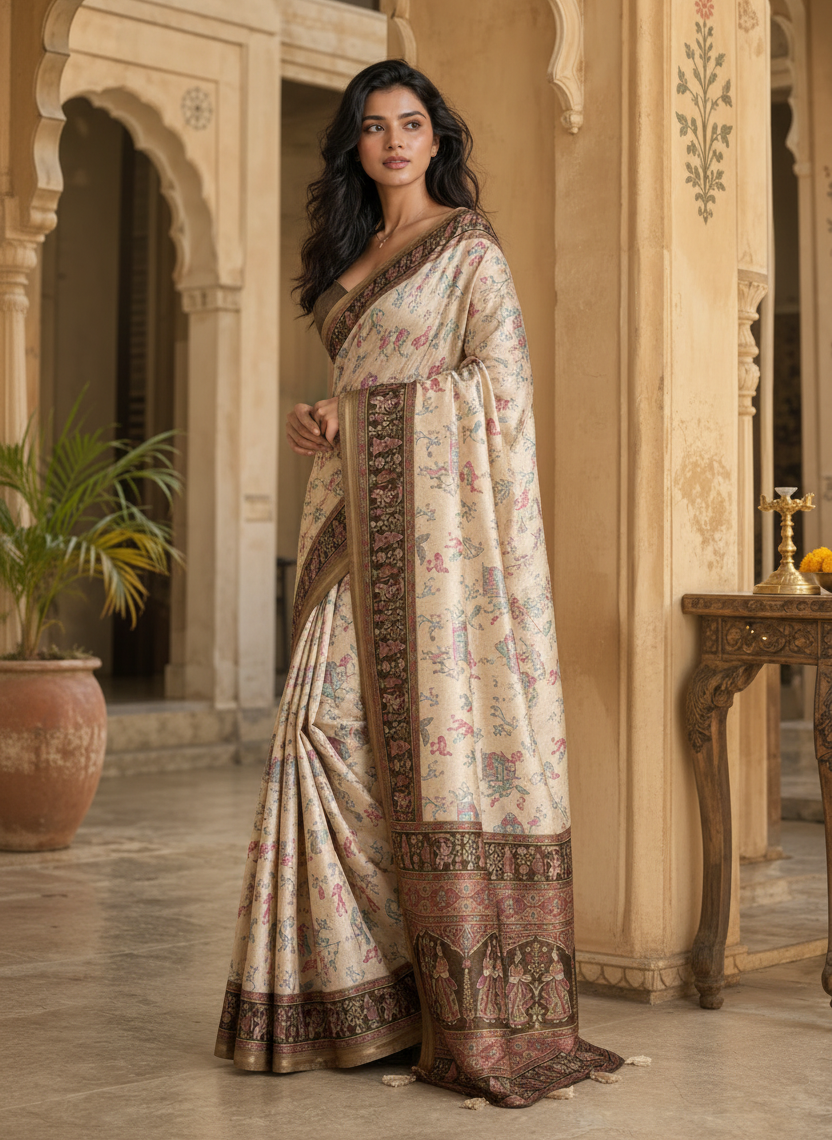 Silk Blend Jacquard Weaving Zari Border Saree With Unstitched Blouse(Brown)