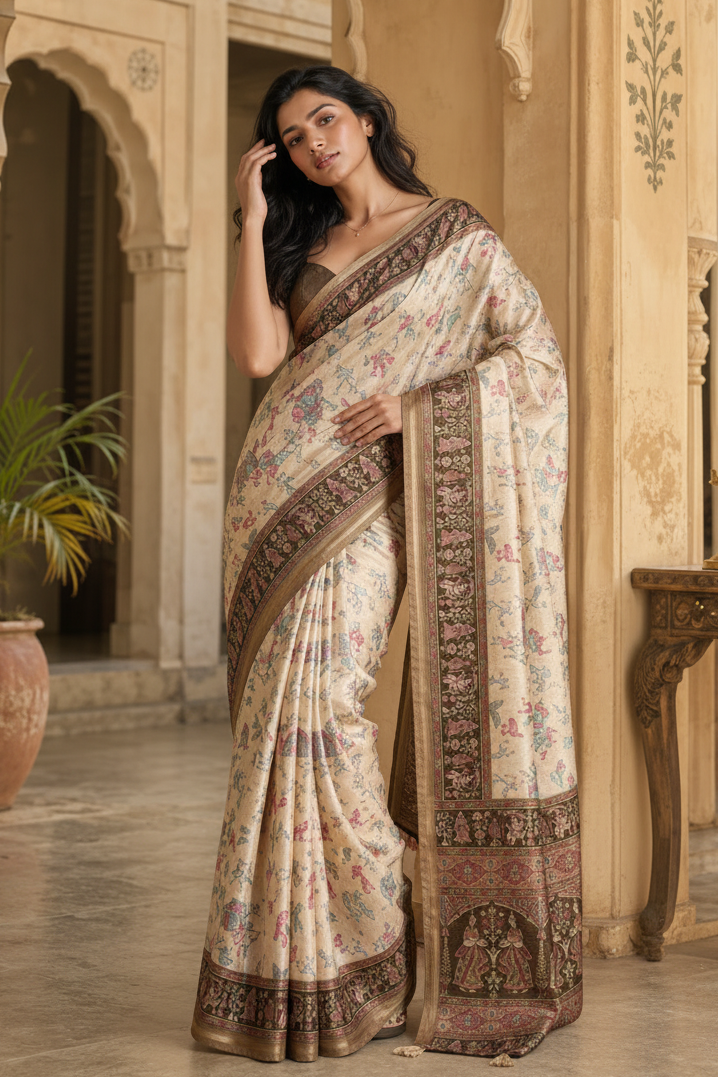 Silk Blend Jacquard Weaving Zari Border Saree With Unstitched Blouse(Brown)