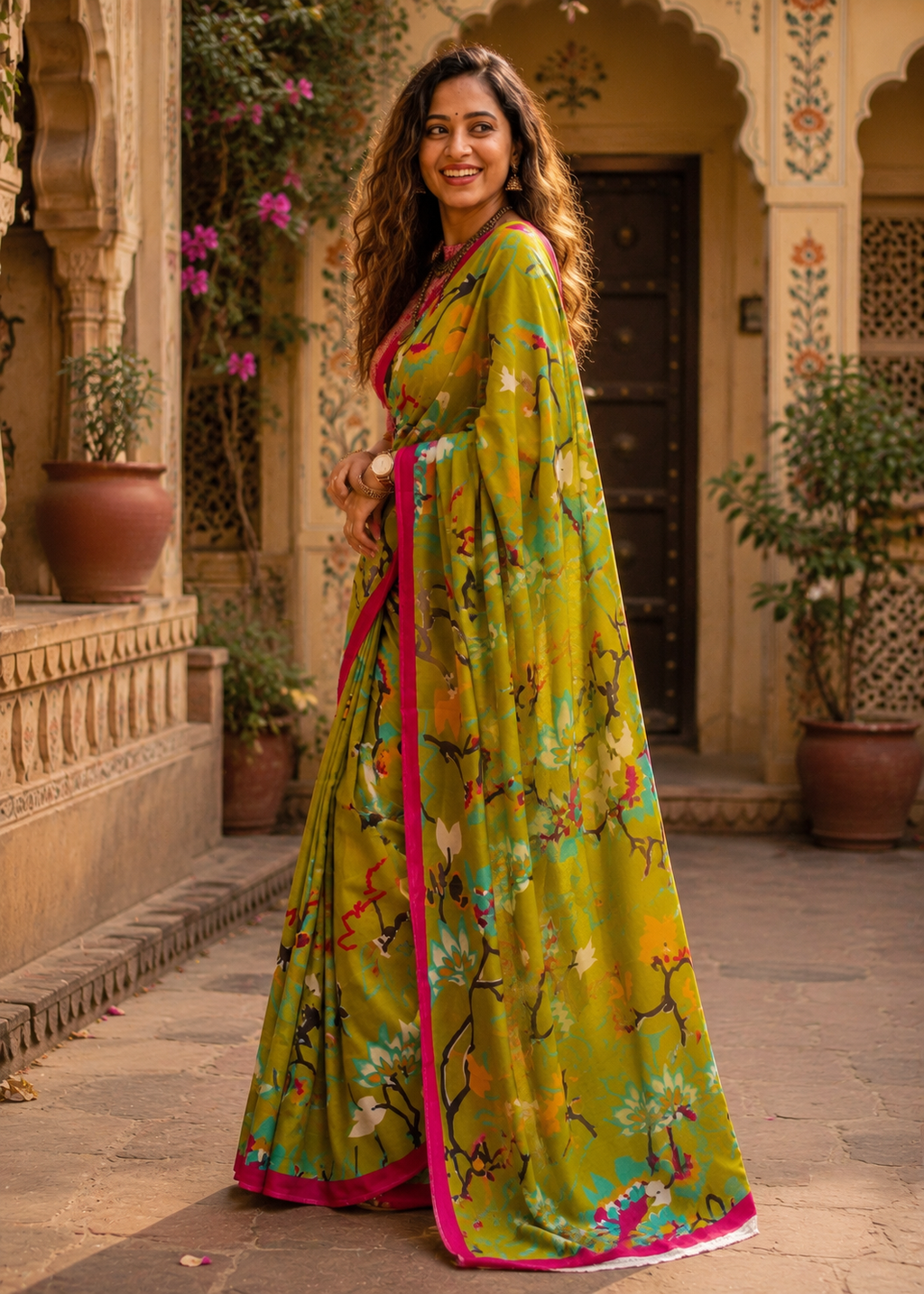 Mulmul Cotton Floral Printed Saree With Unstitched Blouse(Green)
