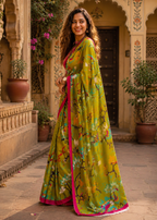 Mulmul Cotton Floral Printed Saree With Unstitched Blouse(Green)
