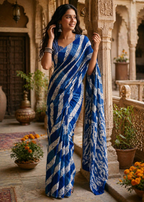 Mulmul Cotton Batik Hand Block Printed Saree With Unstitched Blouse(Blue)