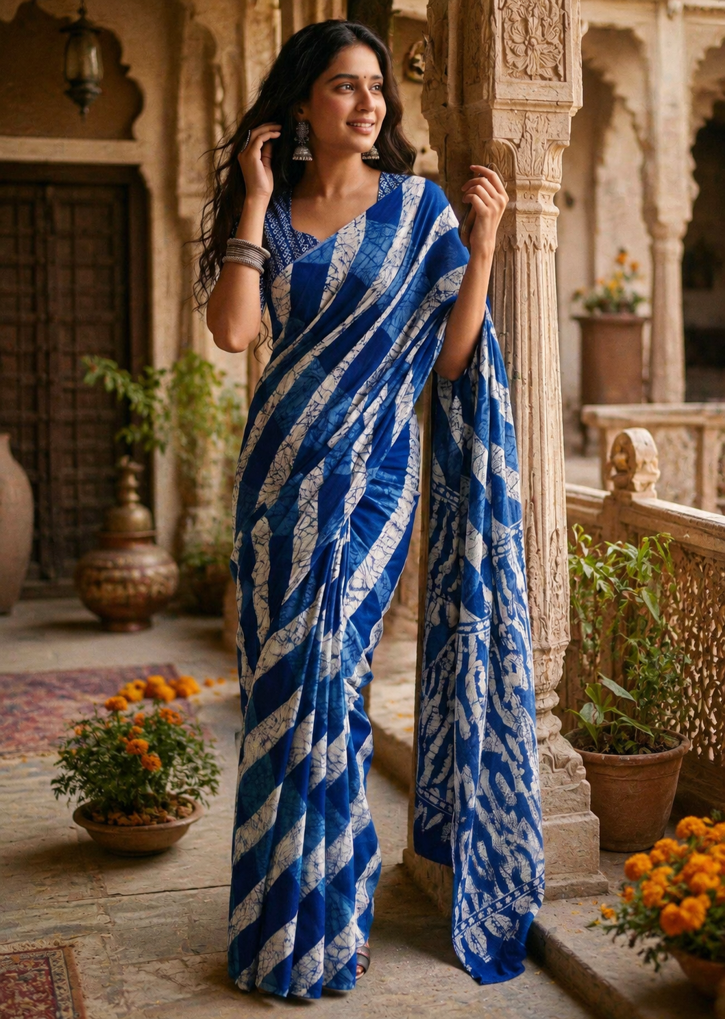 Mulmul Cotton Batik Hand Block Printed Saree With Unstitched Blouse(Blue)