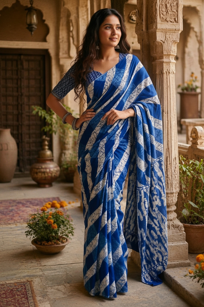 Mulmul Cotton Batik Hand Block Printed Saree With Unstitched Blouse(Blue)