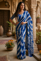 Mulmul Cotton Batik Hand Block Printed Saree With Unstitched Blouse(Blue)