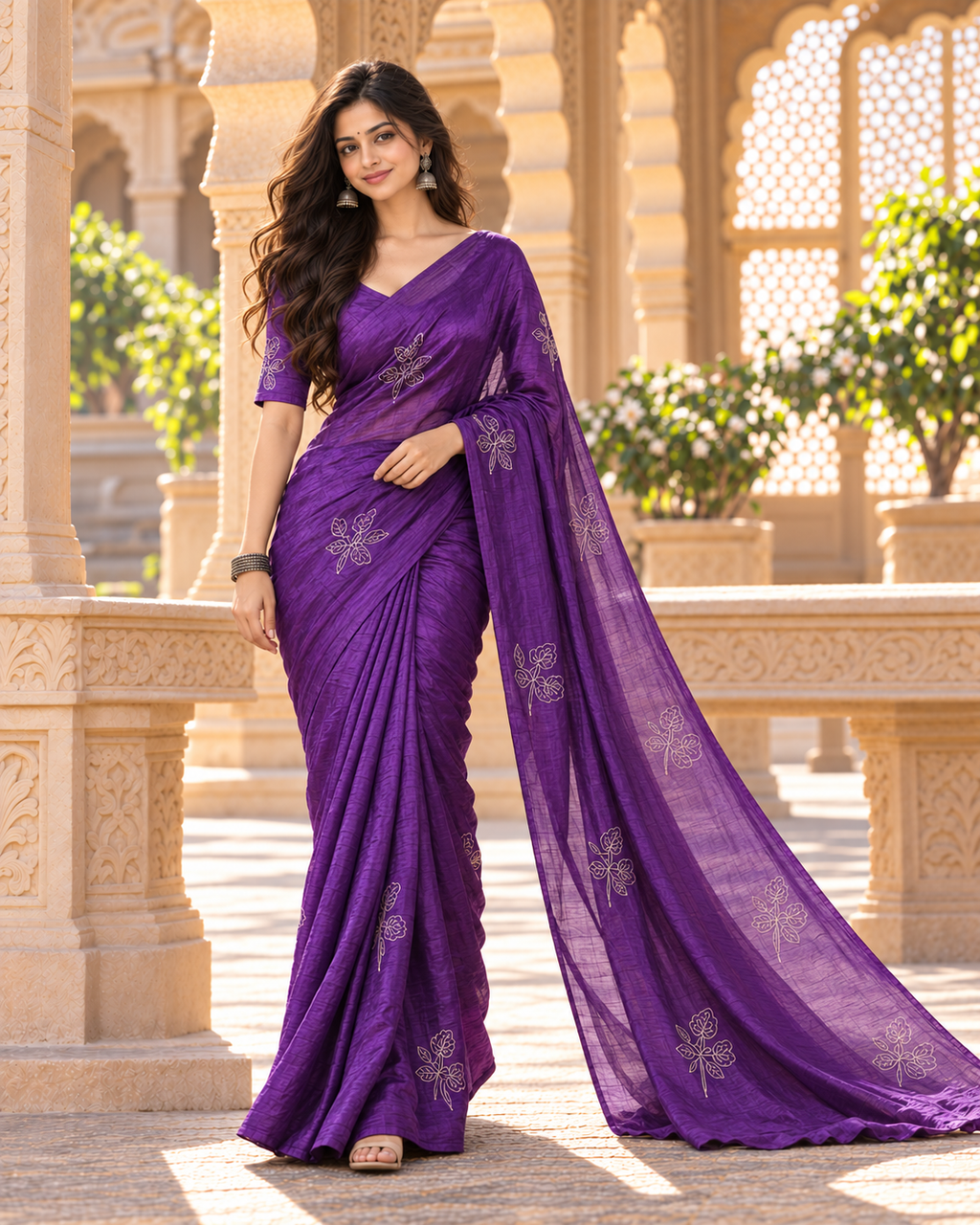 Soft Space Silk Thread Work Saree With Unstitched Blouse(Purple)