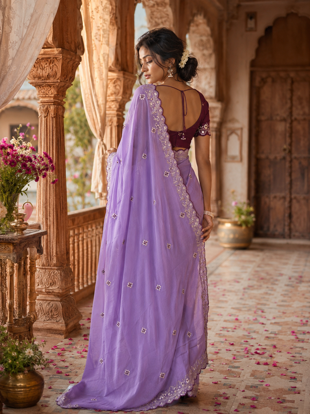 Premium Georgette Saree With Unstitched Blouse(Lavender)