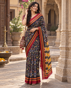 Mulmul Cotton Printed Saree With Unstitched Blouse(Black)
