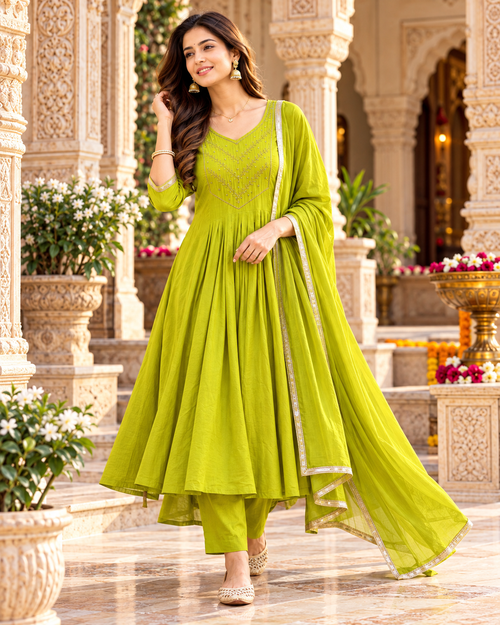 Chanderi Cotton Kurti Pant Set With Dupatta(Pista)