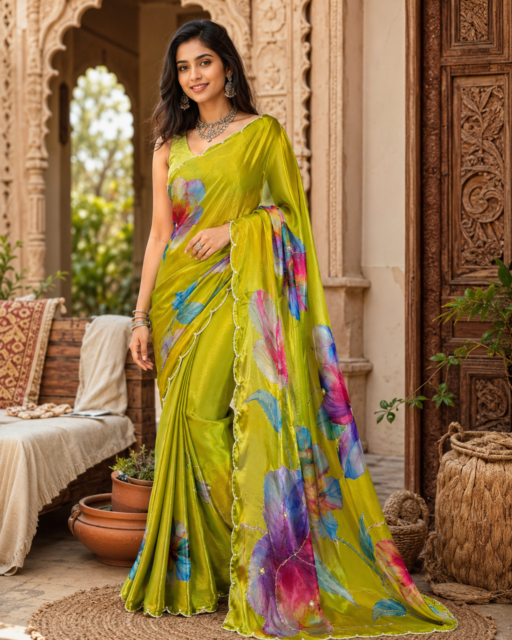 Satin Silk Floral Print Saree With Unstitched Blouse(Light Green)