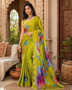 Satin Silk Floral Print Saree With Unstitched Blouse(Light Green)