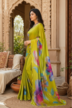 Satin Silk Floral Print Saree With Unstitched Blouse(Light Green)