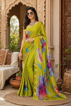 Satin Silk Floral Print Saree With Unstitched Blouse(Light Green)