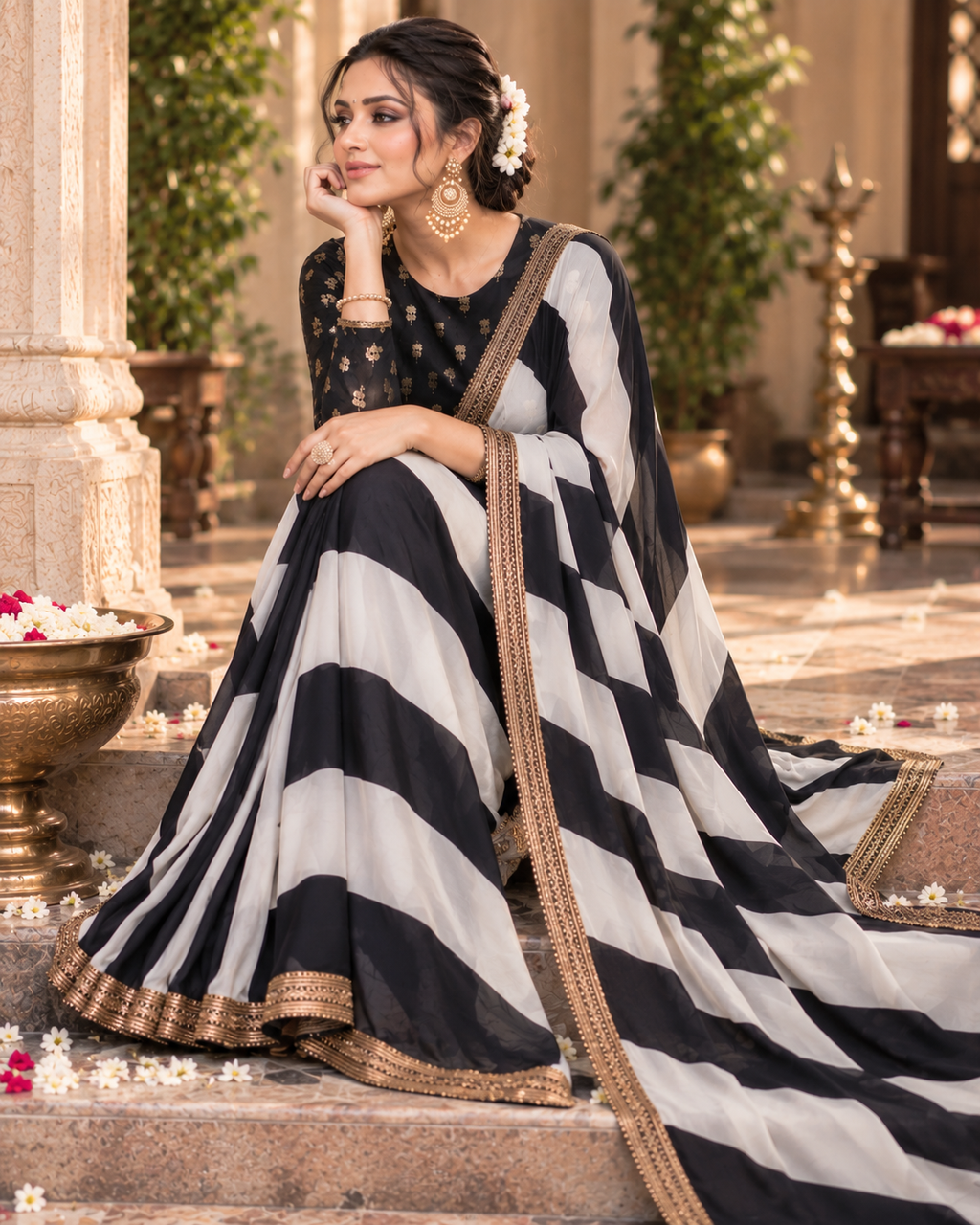 Premium Georgette Party Wear Saree With Unstitched Blouse(Black)