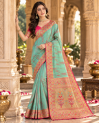 Premium Tissue Silk Zari Border Work Saree With Unstitched Blouse(Green)