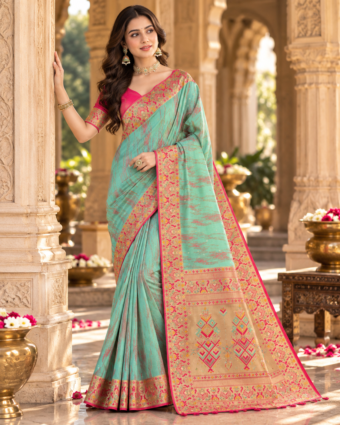 Premium Tissue Silk Zari Border Work Saree With Unstitched Blouse(Green)