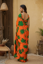 Satin Silk Printed Saree With Unstitched Blouse(Orange)