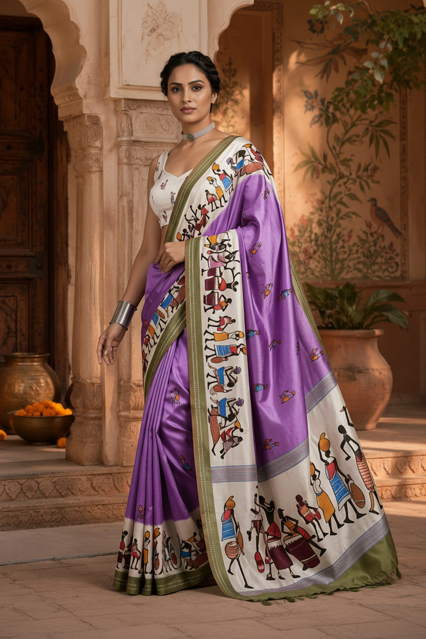 Mulmul Cotton Digital Print Saree With Unstitched Blouse(Violet)
