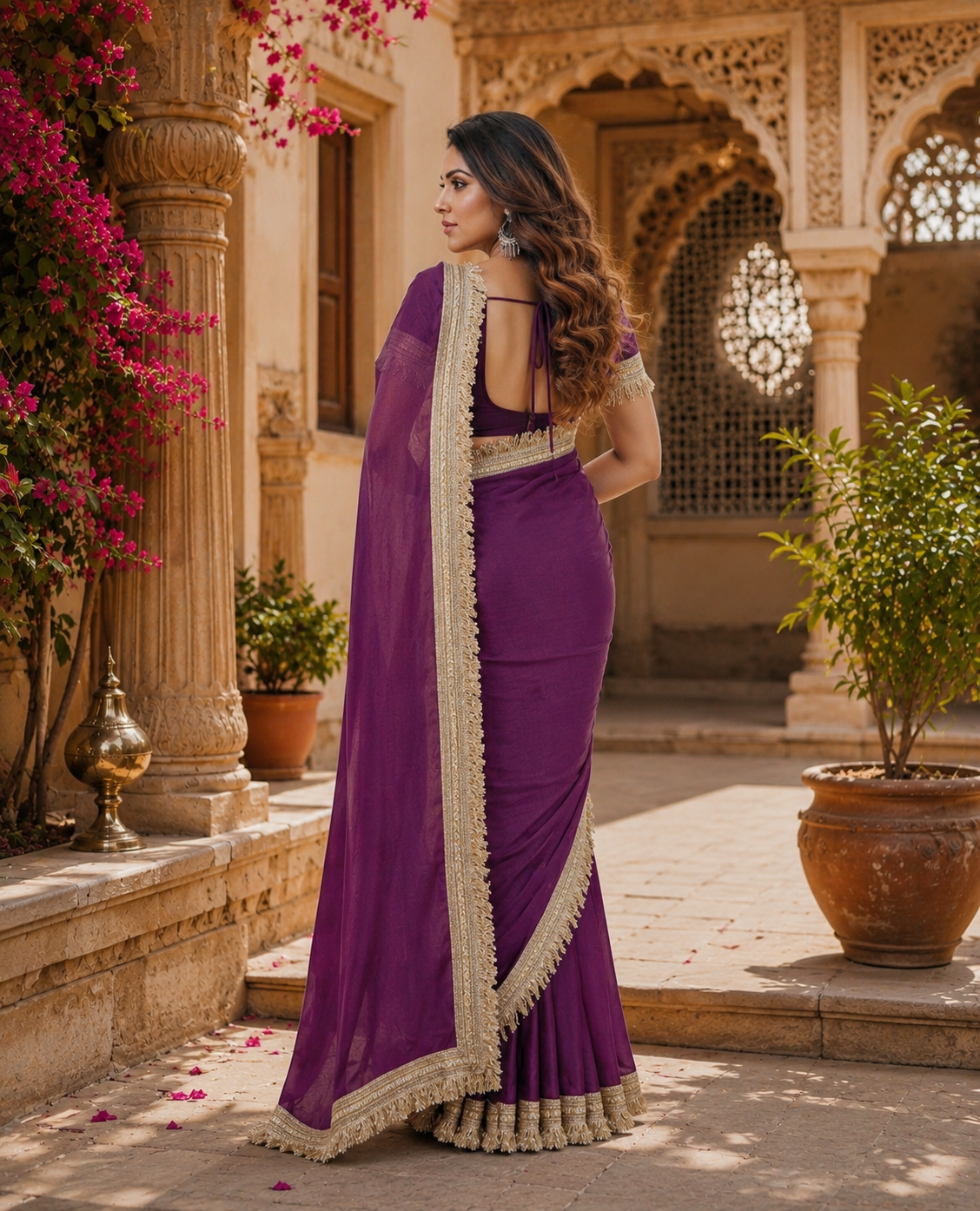 Georgette Lace Border Saree With Unstitched Blouse(Puple)