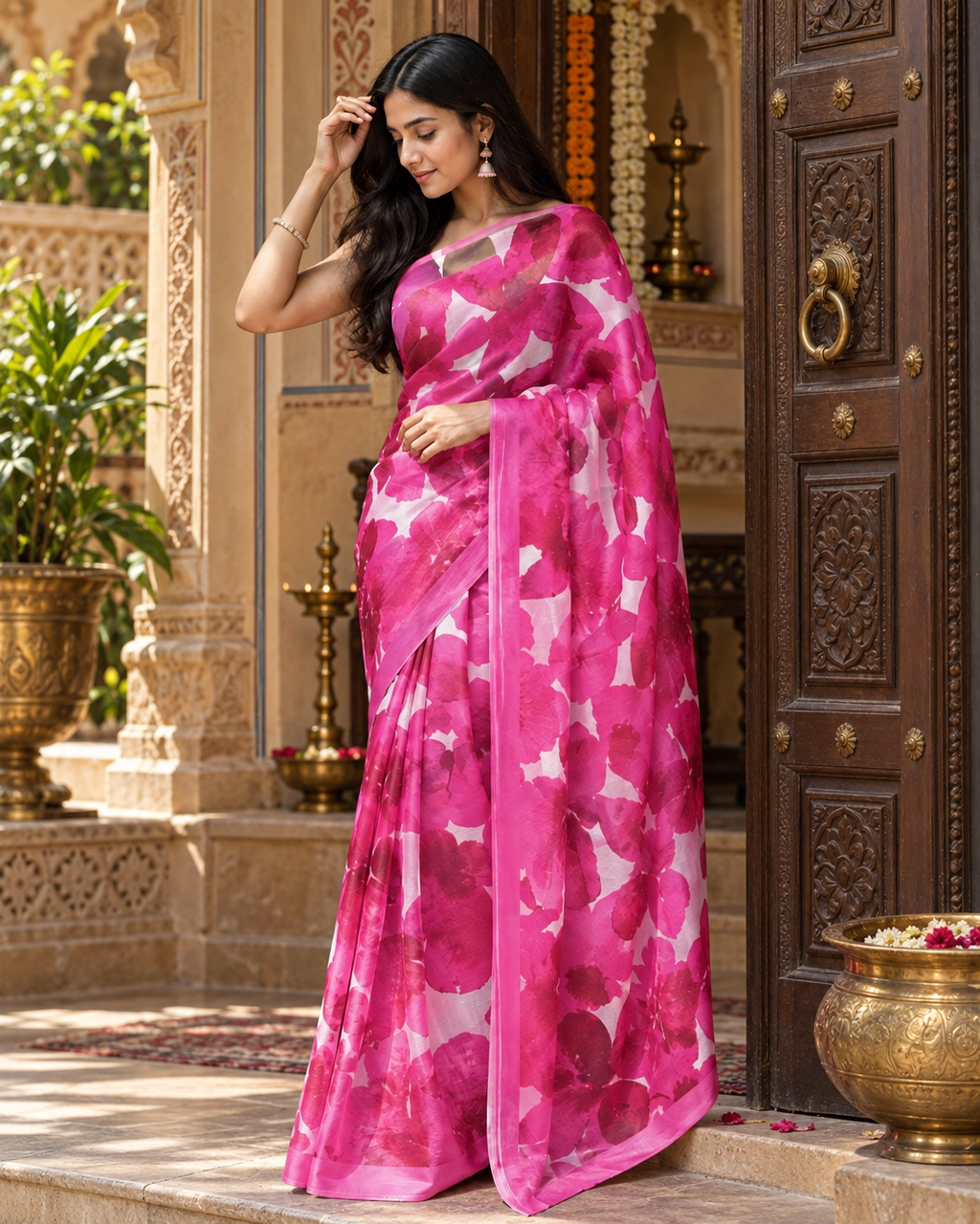 Georgette Floral Print Saree With Unstitched Blouse(Pink)