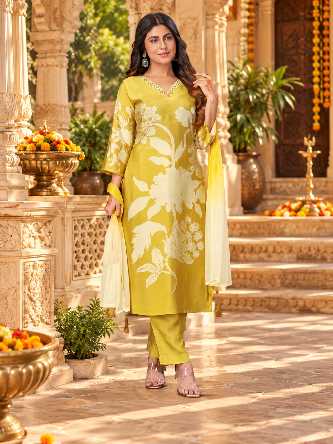 Chanderi Cotton Kurti Pant Set With Dupatta(Mustard)