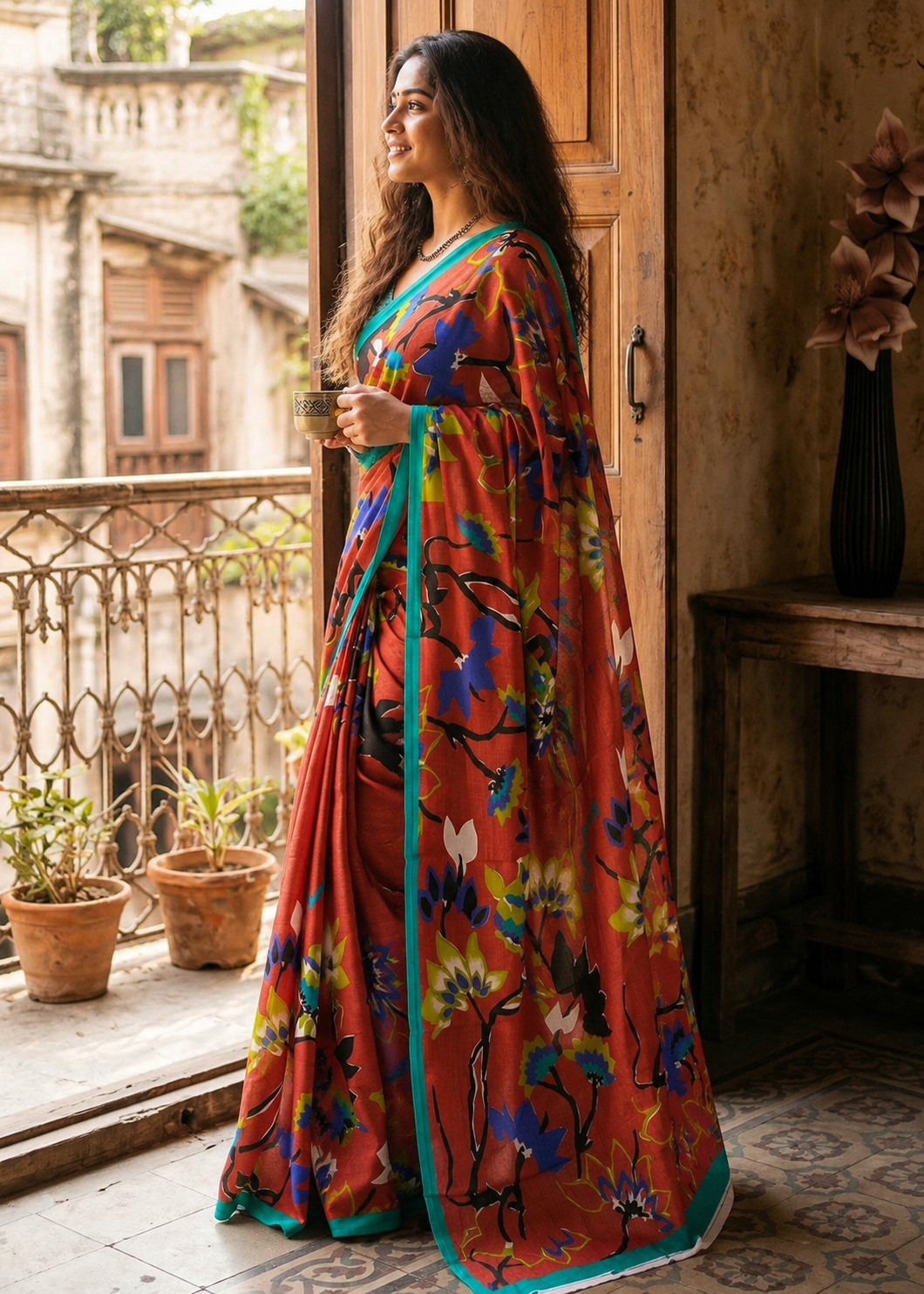 Mulmul Cotton Floral Printed Saree With Unstitched Blouse(Orange)