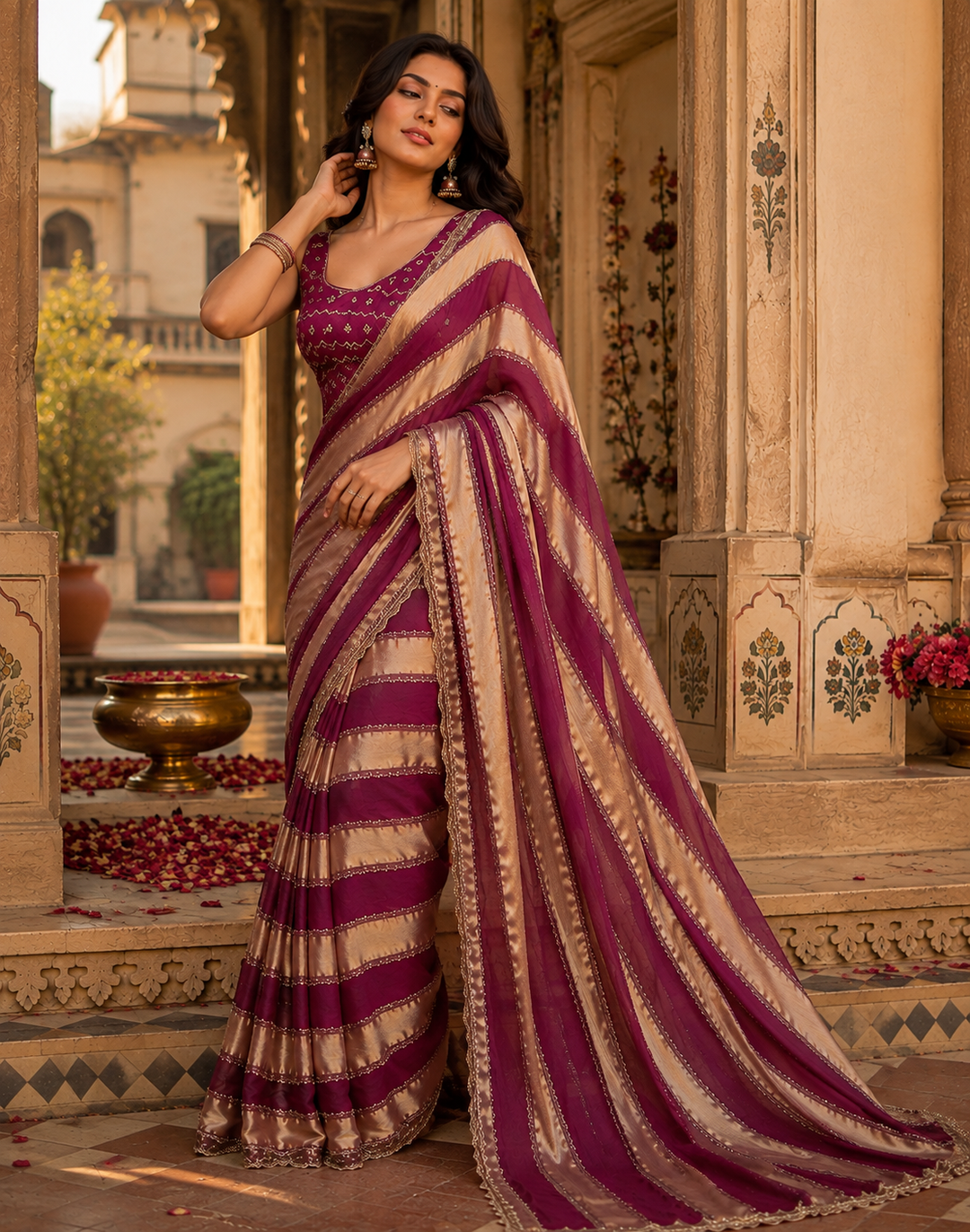 Sattin Dual Shed With Heavy Val Siroski Diamond Work  Saree  With Unstitched Blouse (Wine)
