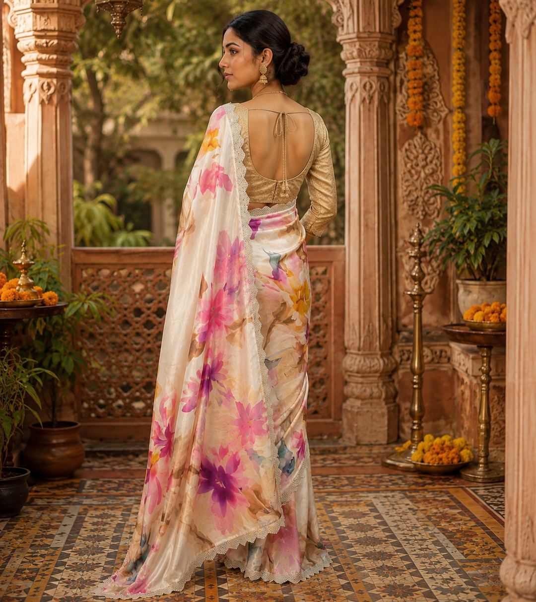 Pure Maheshwari Silk Diamond Cut Work Saree With Unstitched Blouse(White)