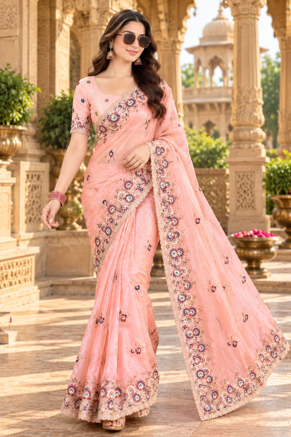 Pure Soft Organza Silk Embroidery Work Saree With Unstitched Blouse(Beige)