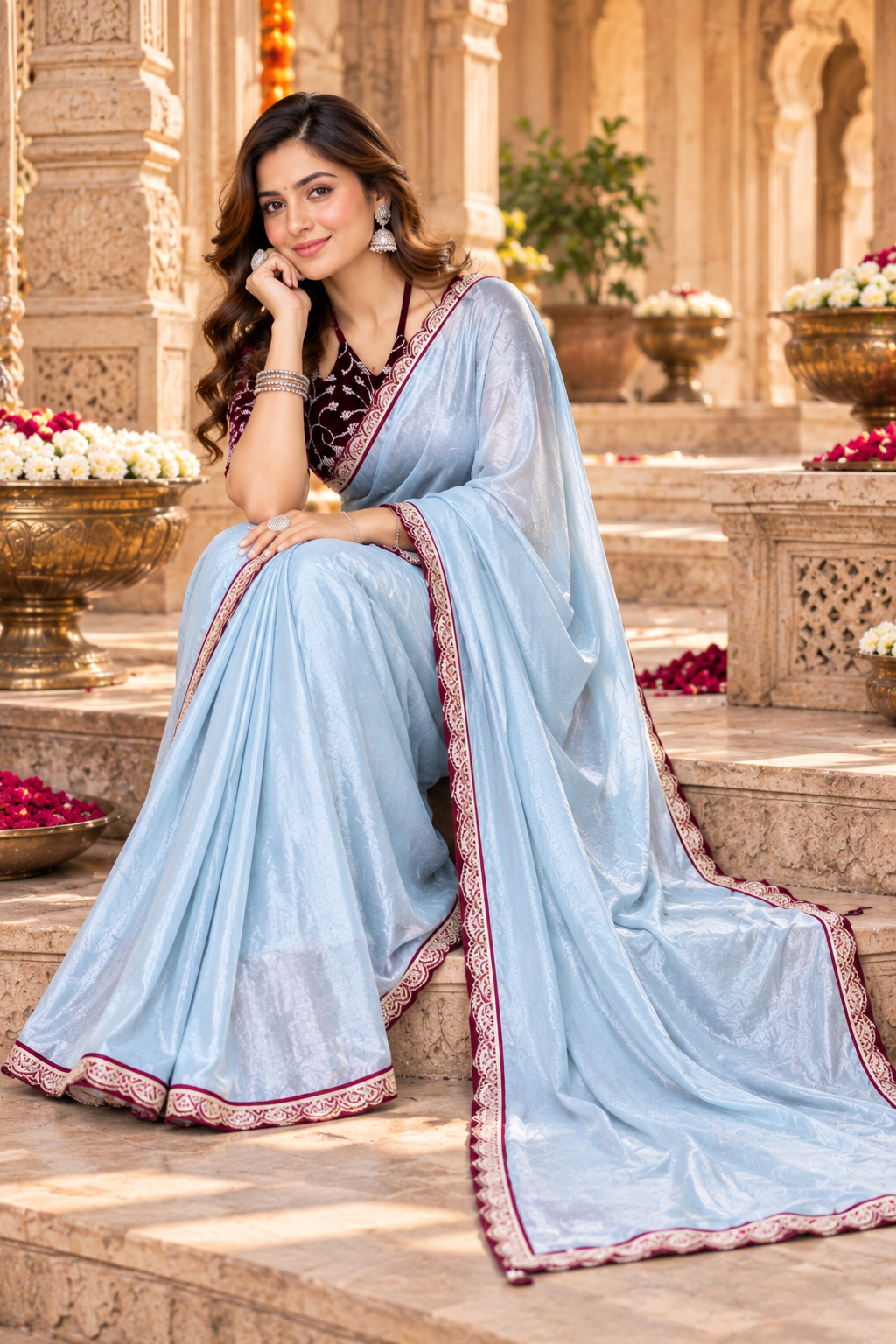 Silk Embroidery Work Saree With Unstitched Blouse(Sky)