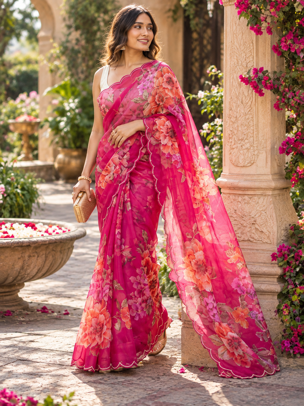 Organza Silk Printed Saree With Unstitched Blouse(Red)