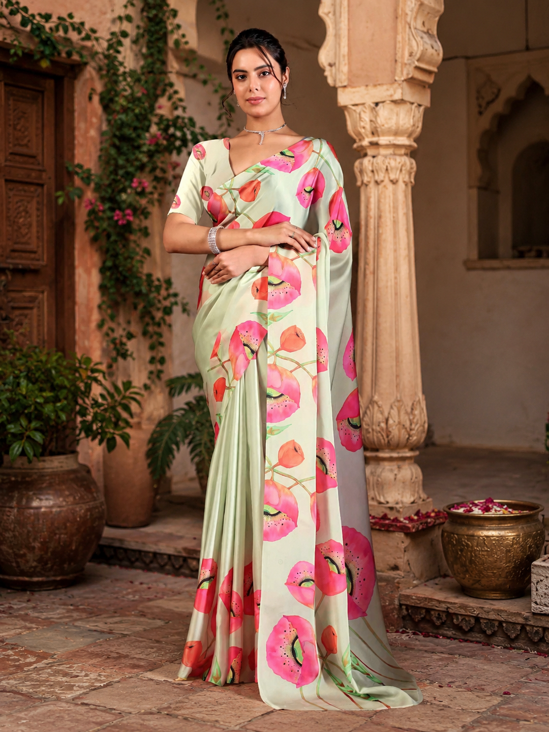 Elegant Soft Satin Georgette Saree With Unstitched Blouse(Pista Green)