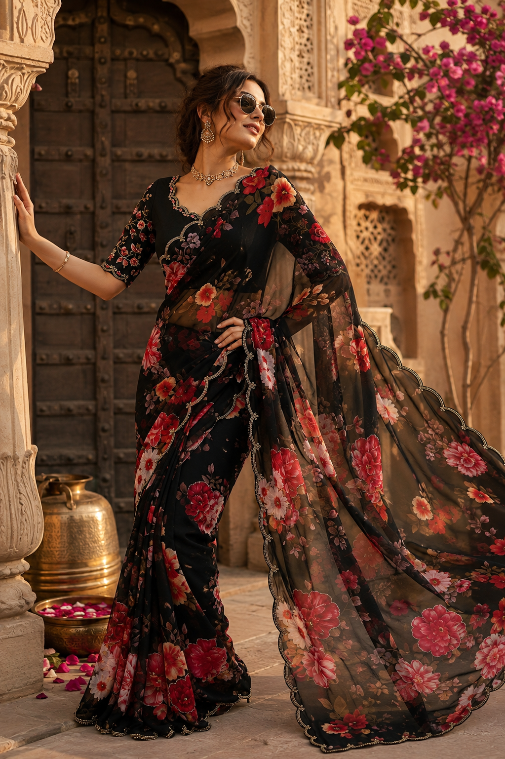 Premium Georgette Digital Floral Print Saree With Unstitched Blouse(Black)