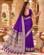 Paithani Silk Printed Saree With Unstitched Blouse(Purple)