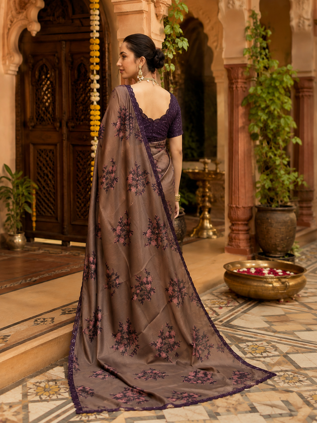 Elegant Georgette Print Sequins Border Work Saree With Unstitched Blouse(Brown)