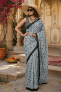 Soft Pure Cotton Jaipur Block Printed Saree With Unstitched Blouse(Grey)