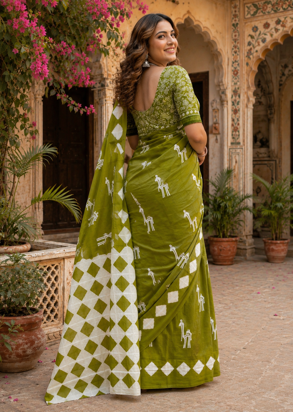 Soft Pure Cotton Printed Saree With Unstitched Blouse(Green)
