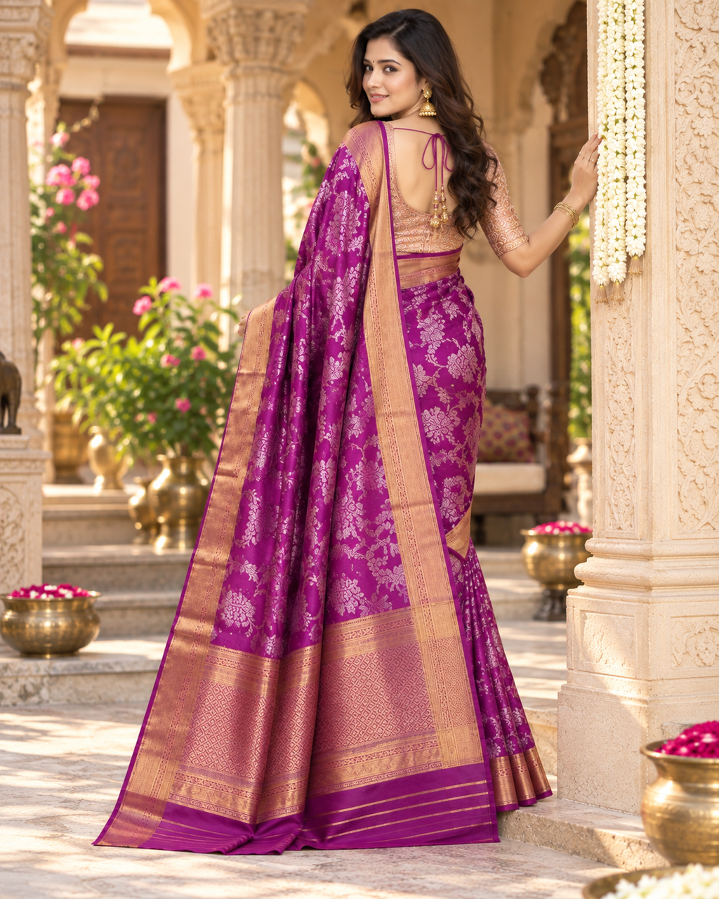 Premium Banarrasi Silk Saree With Unstitched Blouse(Violet)